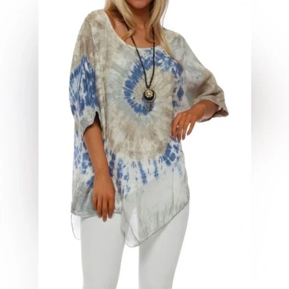 100% linen tie dye tunic sz small asymmetrical beach top Made in Italy